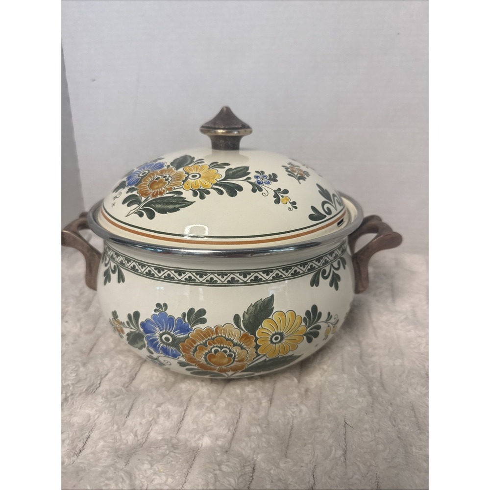Asta Old Amsterdam Pot Lid Brass Handles Germany Enamel Cottage Cookware EUC 8.5